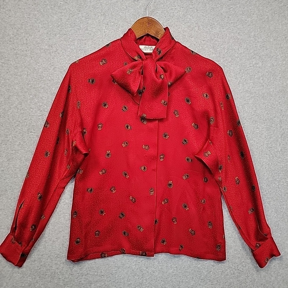 Linda Allard Ellen Tracy 100% Silk Tie Neck Blouse Red Crest Vtg Designer Sz 8P